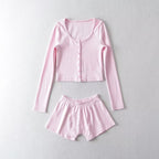 Round-Neck Single Breasted Short Cropped Cardigan T Shirt Top Elastic Waist Slim Two-Piece Set