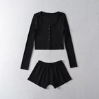 Round-Neck Single Breasted Short Cropped Cardigan T Shirt Top Elastic Waist Slim Two-Piece Set