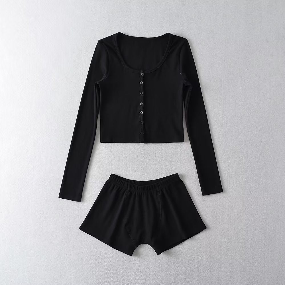 Round-Neck Single Breasted Short Cropped Cardigan T Shirt Top Elastic Waist Slim Two-Piece Set