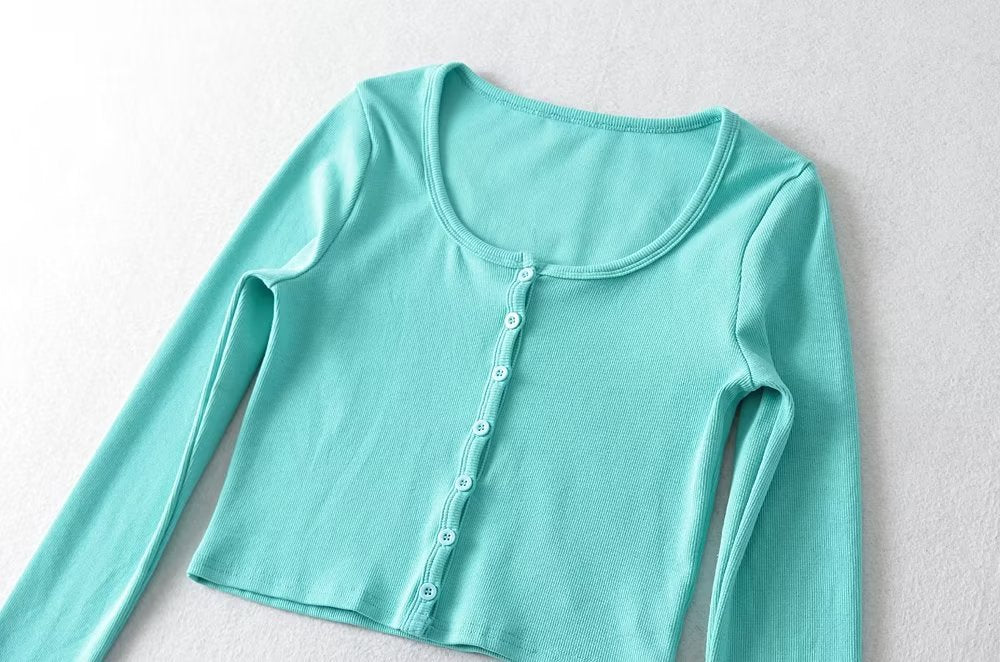 Round-Neck Single Breasted Short Cropped Cardigan T Shirt Top Elastic Waist Slim Two-Piece Set