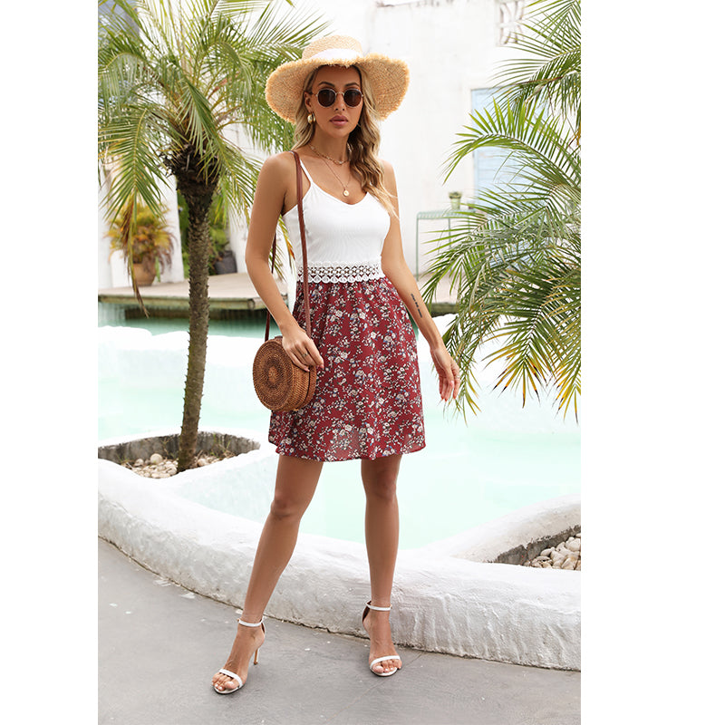 Women's V-Neck Floral Color-Block Backless A-Line Mini Cami Dress