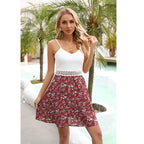 Women's V-Neck Floral Color-Block Backless A-Line Mini Cami Dress