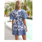 Women Summer V Neck Vacation Short Sleeve Floral A Line Dress