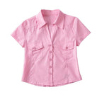 Women's Double Pocket Collared Shirt Women Retro College Slim Fit Figure Flattering Short Sleeve Top Summer