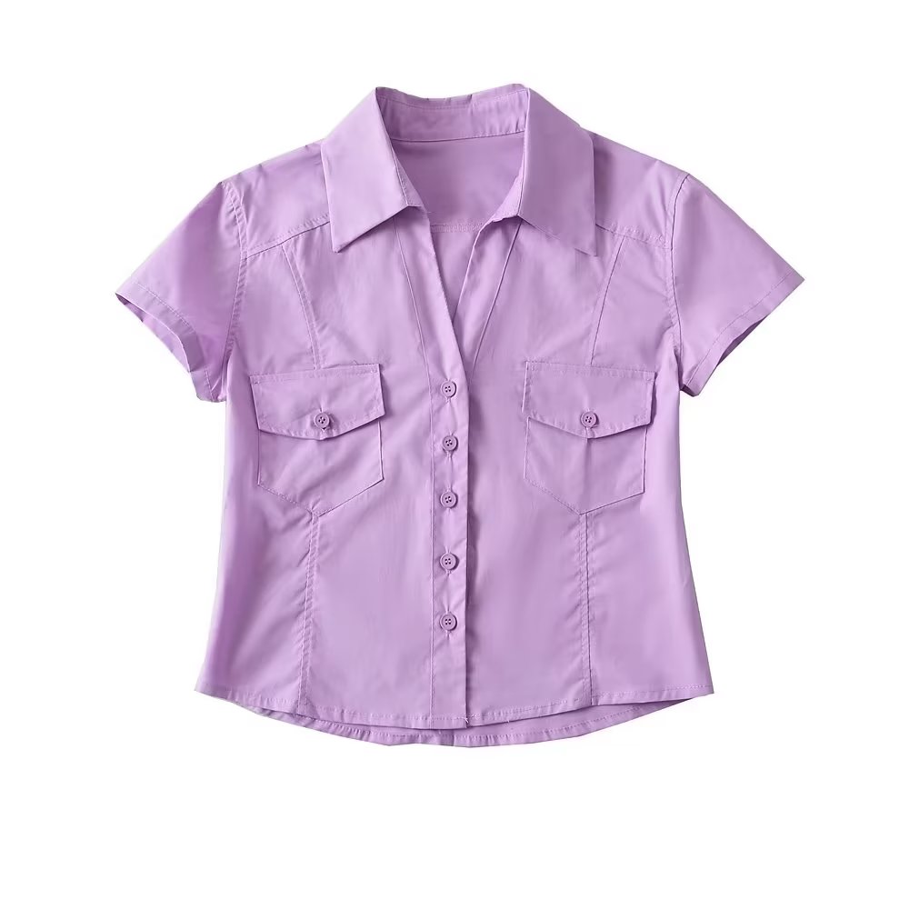 Women's Double Pocket Collared Shirt Women Retro College Slim Fit Figure Flattering Short Sleeve Top Summer