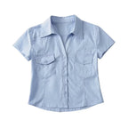 Women's Double Pocket Collared Shirt Women Retro College Slim Fit Figure Flattering Short Sleeve Top Summer