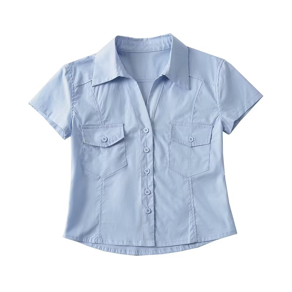 Women's Double Pocket Collared Shirt Women Retro College Slim Fit Figure Flattering Short Sleeve Top Summer