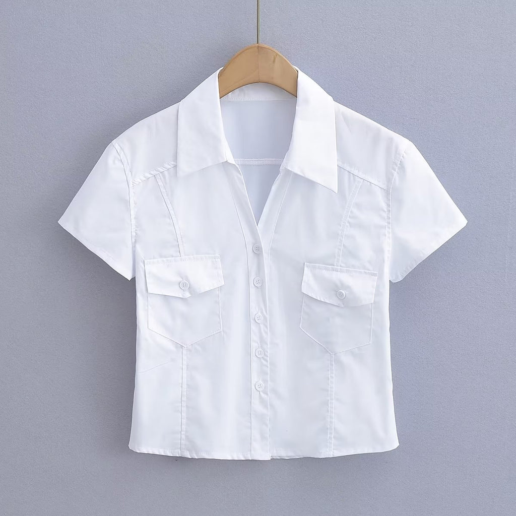 Women's Double Pocket Collared Shirt Women Retro College Slim Fit Figure Flattering Short Sleeve Top Summer