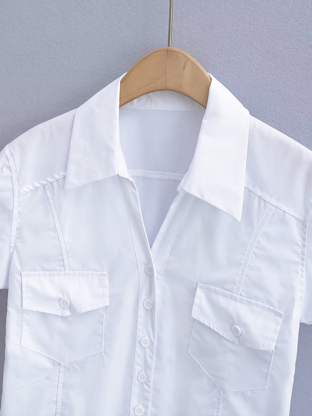 Women's Double Pocket Collared Shirt Women Retro College Slim Fit Figure Flattering Short Sleeve Top Summer