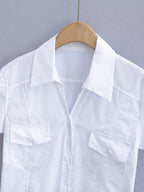 Women's Double Pocket Collared Shirt Women Retro College Slim Fit Figure Flattering Short Sleeve Top Summer