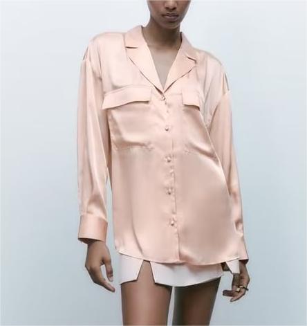 Women's Autumn Women Clothing Patch Pocket Silk Satin Texture Loose Design Shirt Women