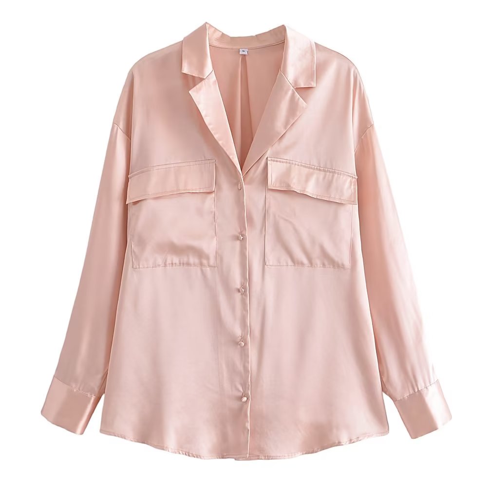 Women's Autumn Women Clothing Patch Pocket Silk Satin Texture Loose Design Shirt Women