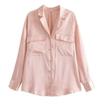 Women's Autumn Women Clothing Patch Pocket Silk Satin Texture Loose Design Shirt Women