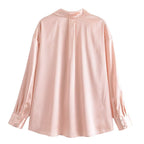Women's Autumn Women Clothing Patch Pocket Silk Satin Texture Loose Design Shirt Women