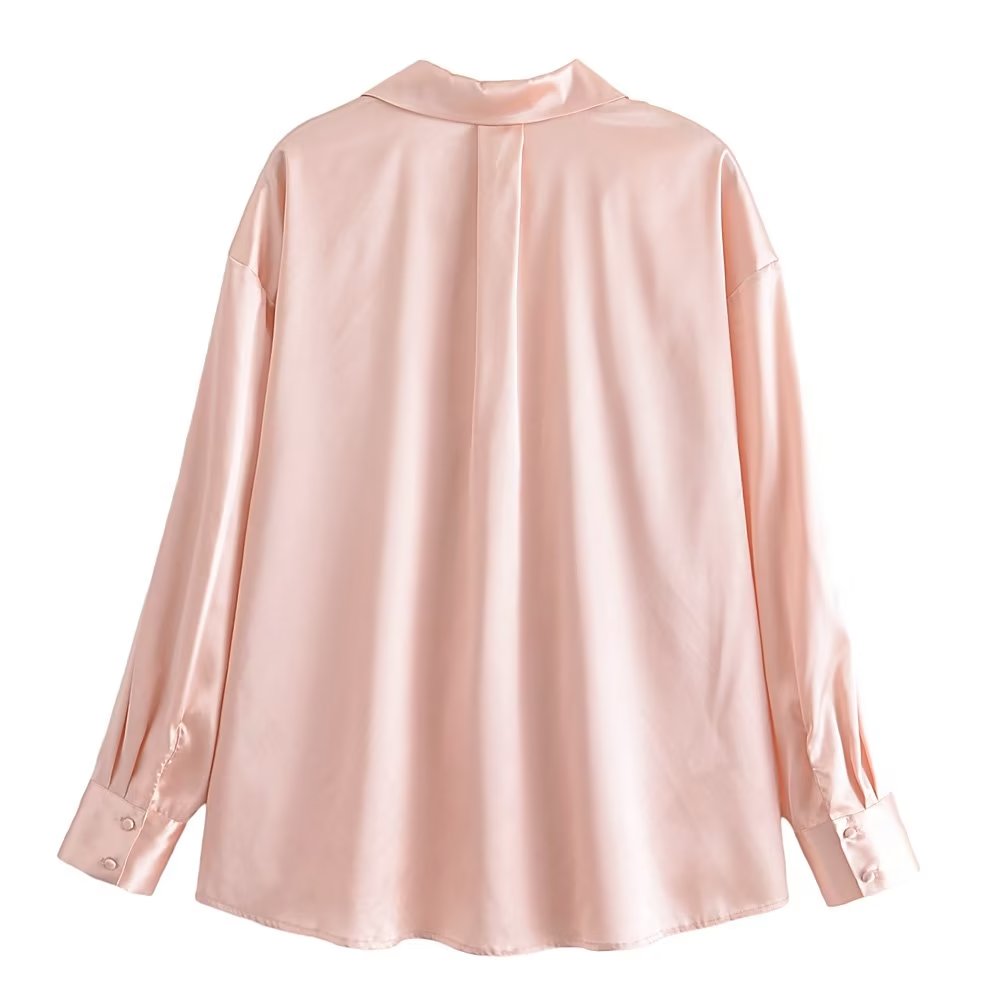 Women's Autumn Women Clothing Patch Pocket Silk Satin Texture Loose Design Shirt Women