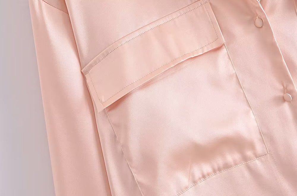 Women's Autumn Women Clothing Patch Pocket Silk Satin Texture Loose Design Shirt Women