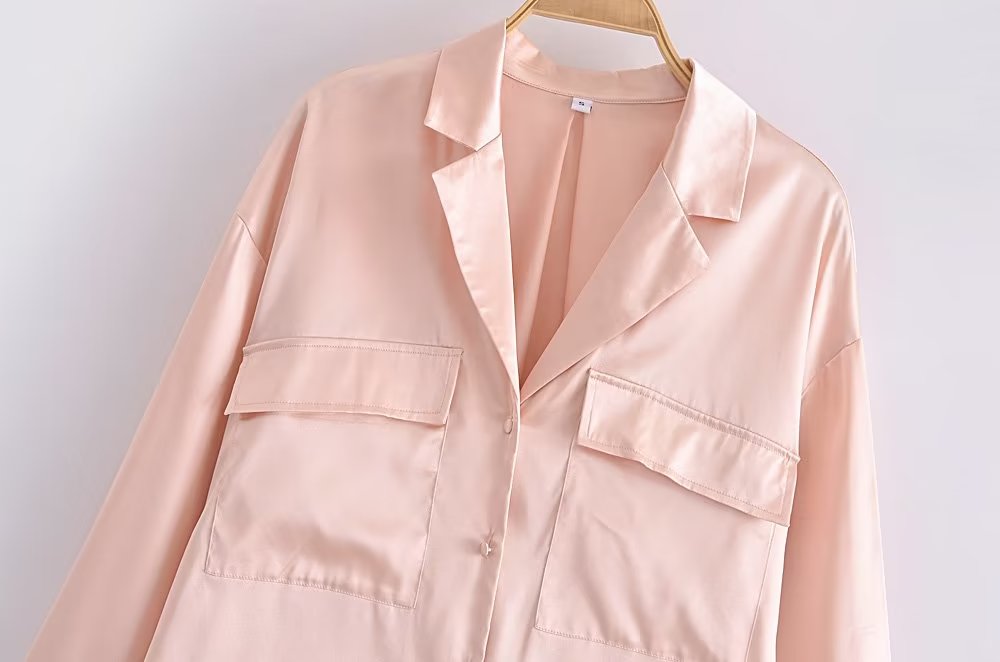 Women's Autumn Women Clothing Patch Pocket Silk Satin Texture Loose Design Shirt Women