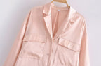 Women's Autumn Women Clothing Patch Pocket Silk Satin Texture Loose Design Shirt Women