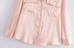 Women's Autumn Women Clothing Patch Pocket Silk Satin Texture Loose Design Shirt Women