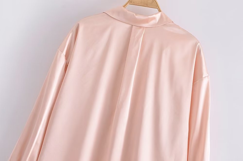 Women's Autumn Women Clothing Patch Pocket Silk Satin Texture Loose Design Shirt Women