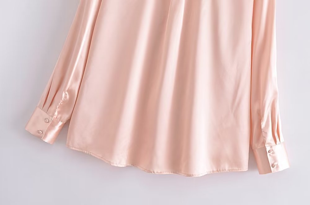 Women's Autumn Women Clothing Patch Pocket Silk Satin Texture Loose Design Shirt Women
