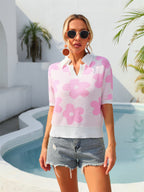Women's Unique Collared Floral Print Short Sleeve Plus Size T-Shirt