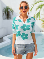 Women's Unique Collared Floral Print Short Sleeve Plus Size T-Shirt