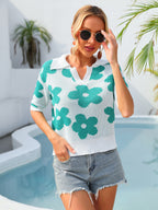 Women's Unique Collared Floral Print Short Sleeve Plus Size T-Shirt