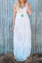 White Contrast-Lace Backless Maxi Dress
