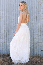 White Contrast-Lace Backless Maxi Dress