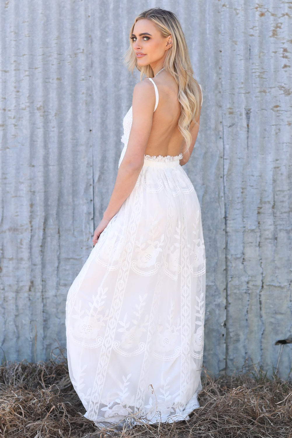 White Contrast-Lace Backless Maxi Dress