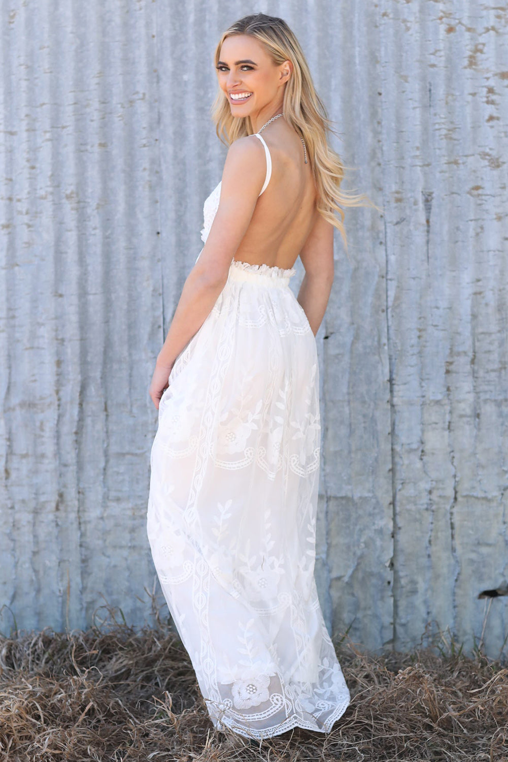 White Contrast-Lace Backless Maxi Dress