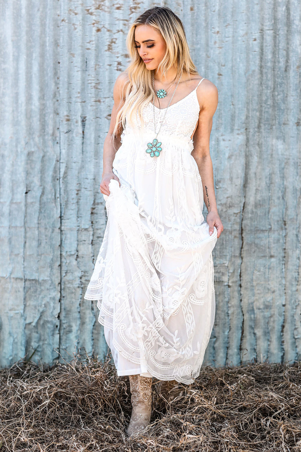 White Contrast-Lace Backless Maxi Dress