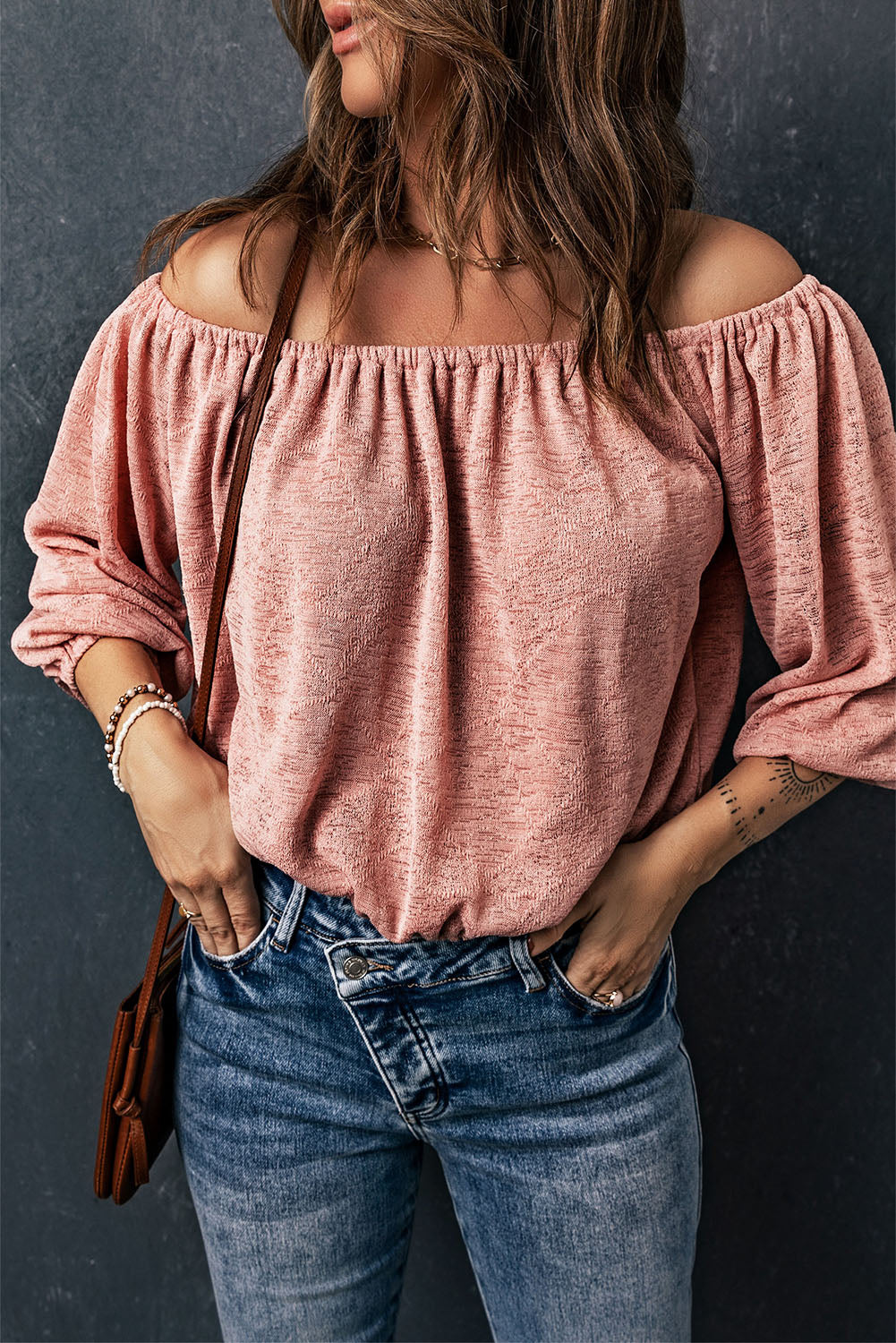 Women's Pink Subtle Jacquard Long Sleeve Off Shoulder Blouse