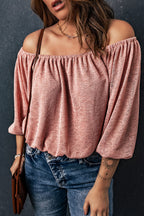 Women's Pink Subtle Jacquard Long Sleeve Off Shoulder Blouse