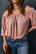 Women's Pink Subtle Jacquard Long Sleeve Off Shoulder Blouse