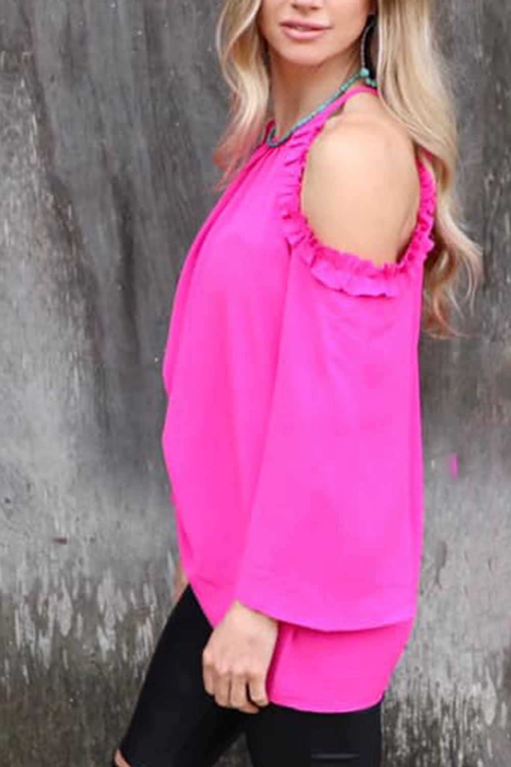 Women's Rose Ruffled Cold Shoulder Long Sleeve Top