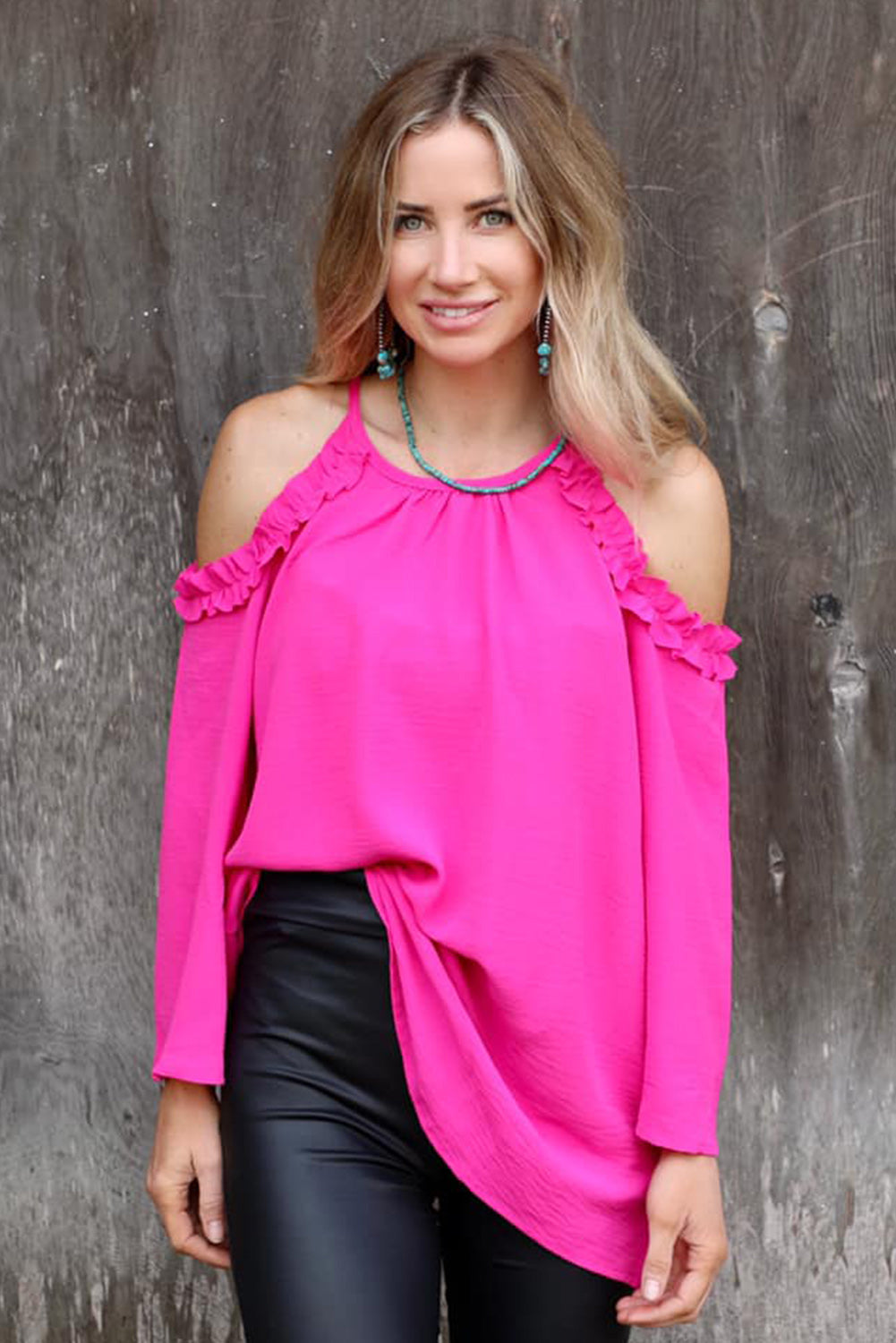 Women's Rose Ruffled Cold Shoulder Long Sleeve Top