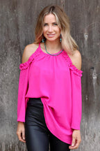 Women's Rose Ruffled Cold Shoulder Long Sleeve Top
