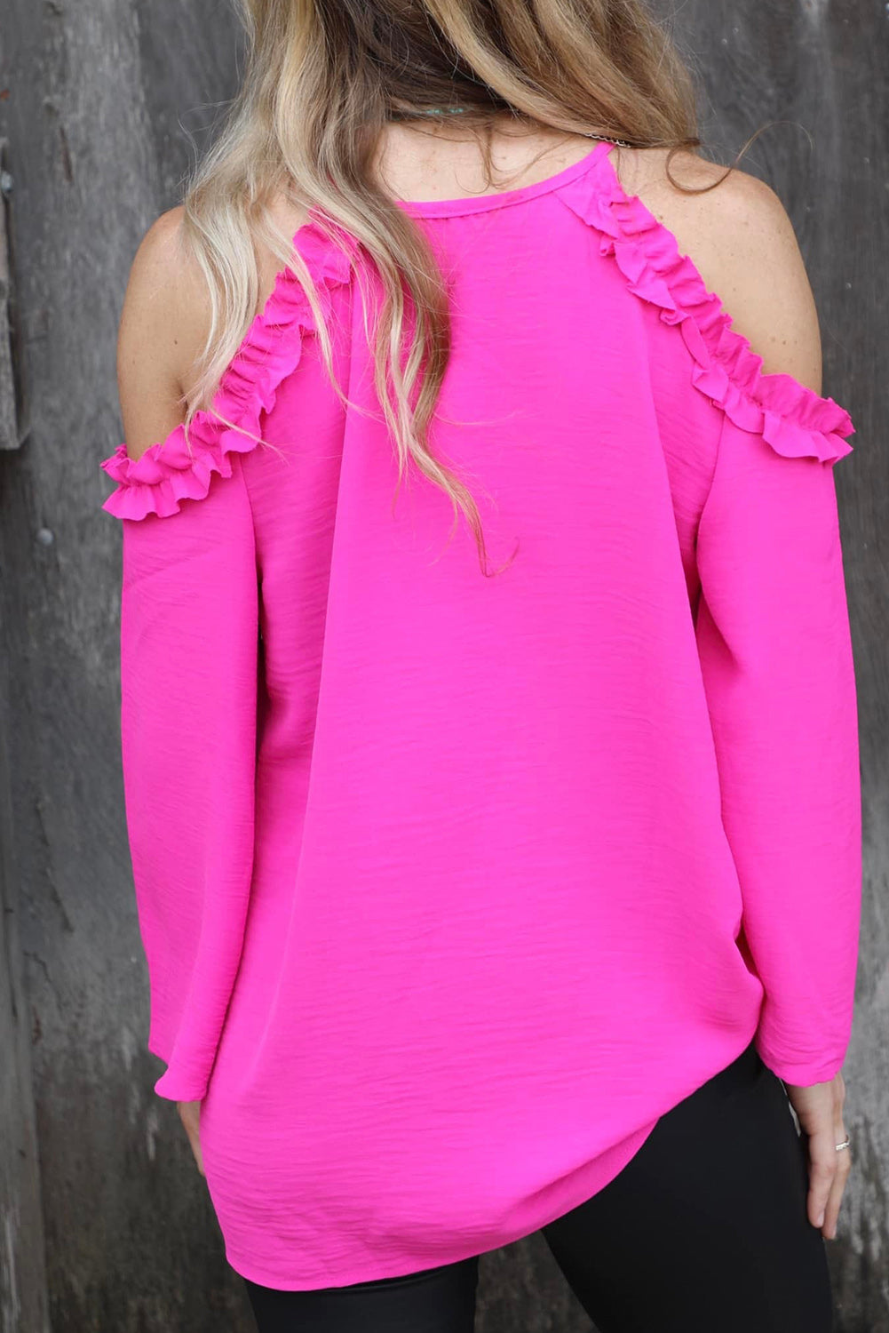 Women's Rose Ruffled Cold Shoulder Long Sleeve Top