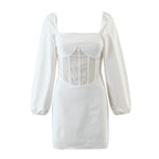 Square-Neck Mesh Drawstring Bodycon Dress