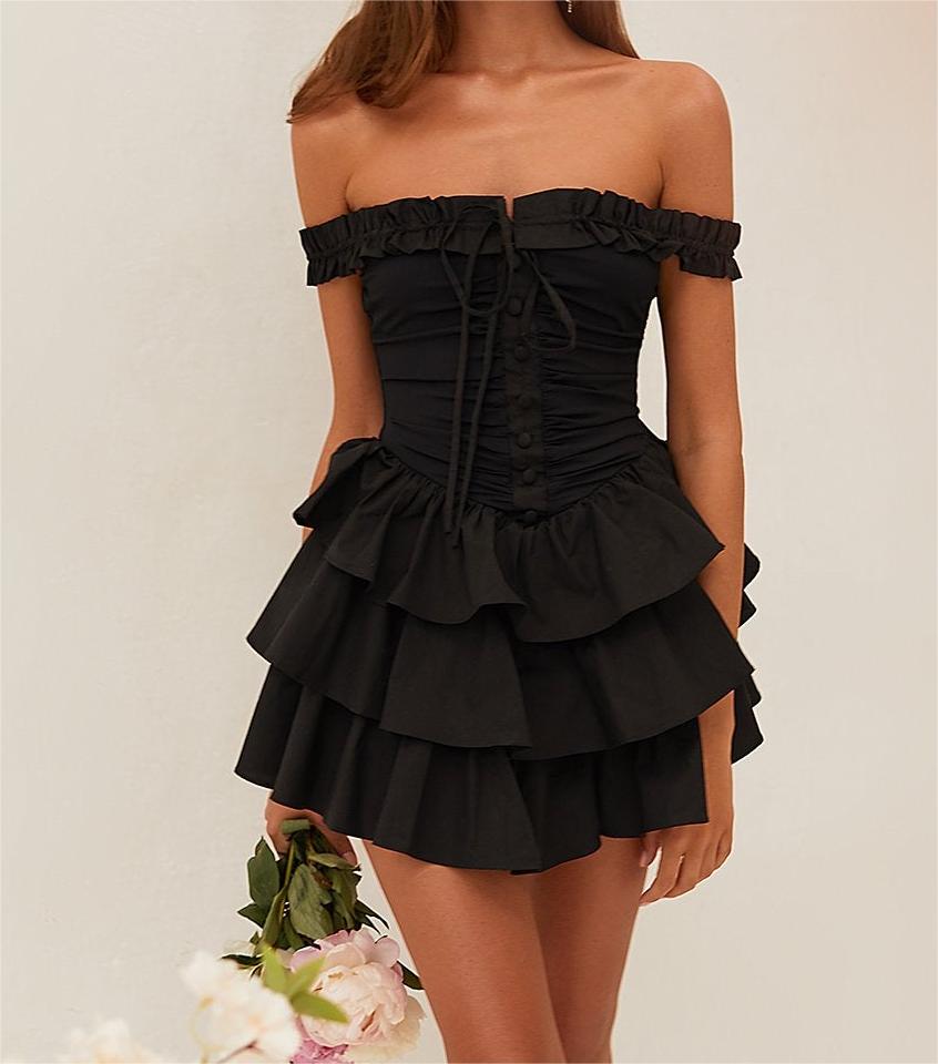 Stitching Wooden Ear Strapless Black Slim Fit Camisole Layer Dress Crisscross