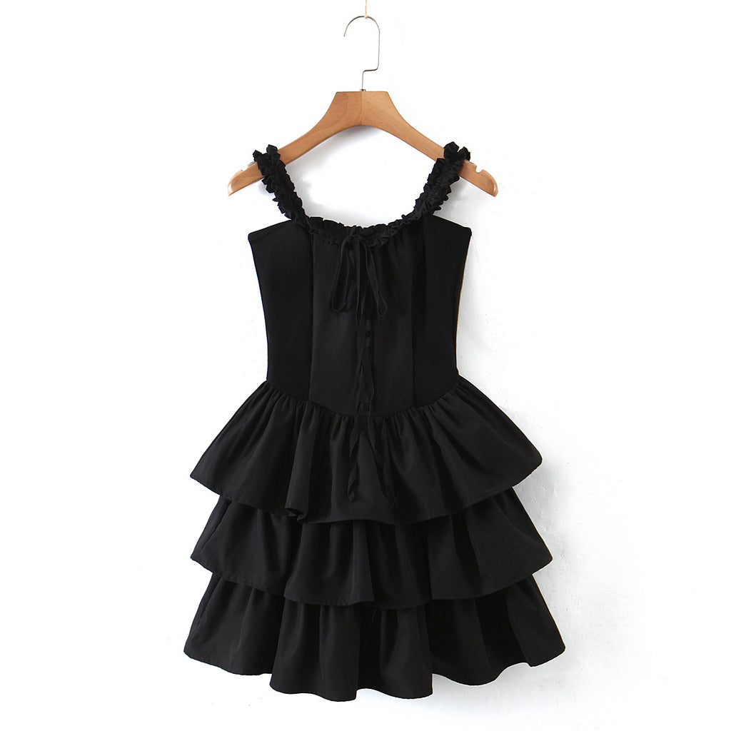 Stitching Wooden Ear Strapless Black Slim Fit Camisole Layer Dress Crisscross