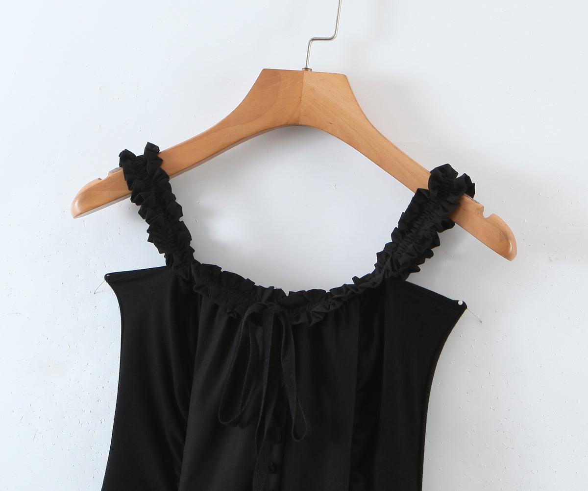 Stitching Wooden Ear Strapless Black Slim Fit Camisole Layer Dress Crisscross