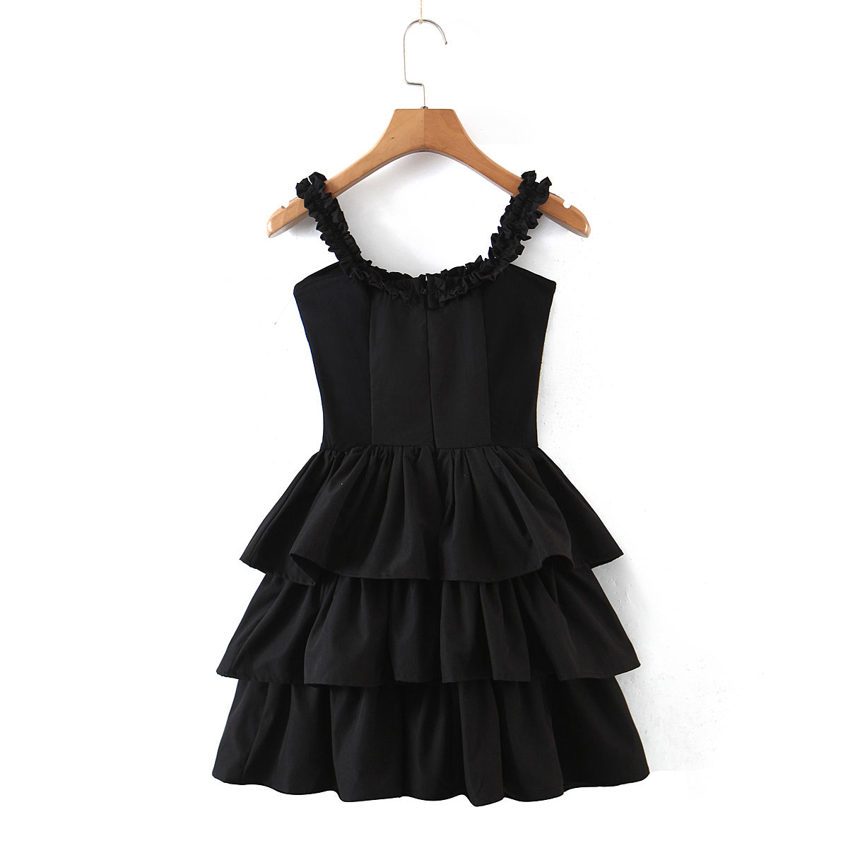 Stitching Wooden Ear Strapless Black Slim Fit Camisole Layer Dress Crisscross