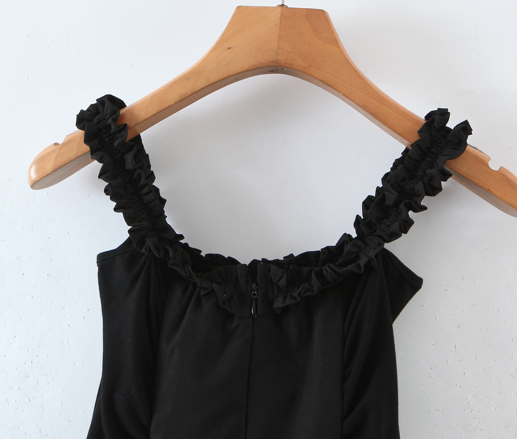 Stitching Wooden Ear Strapless Black Slim Fit Camisole Layer Dress Crisscross
