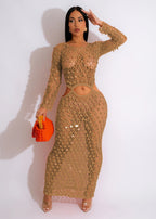 Women’s sequined knit two-piece set, long-sleeve crop top and midi skirt, gold tone
