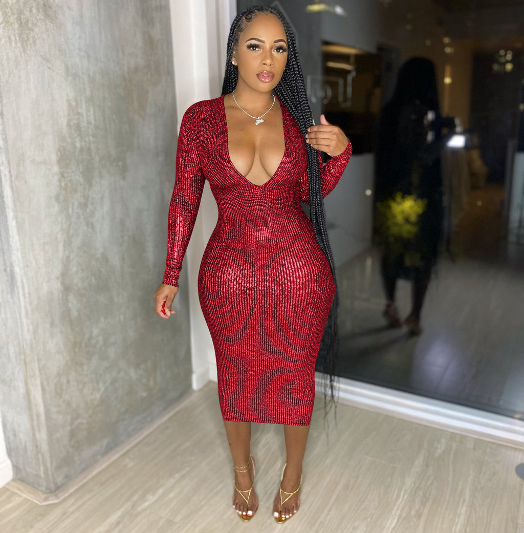 Women's Deep-V Metallic Evening Dress