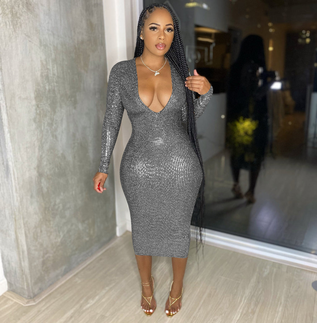 Women's Deep-V Metallic Evening Dress