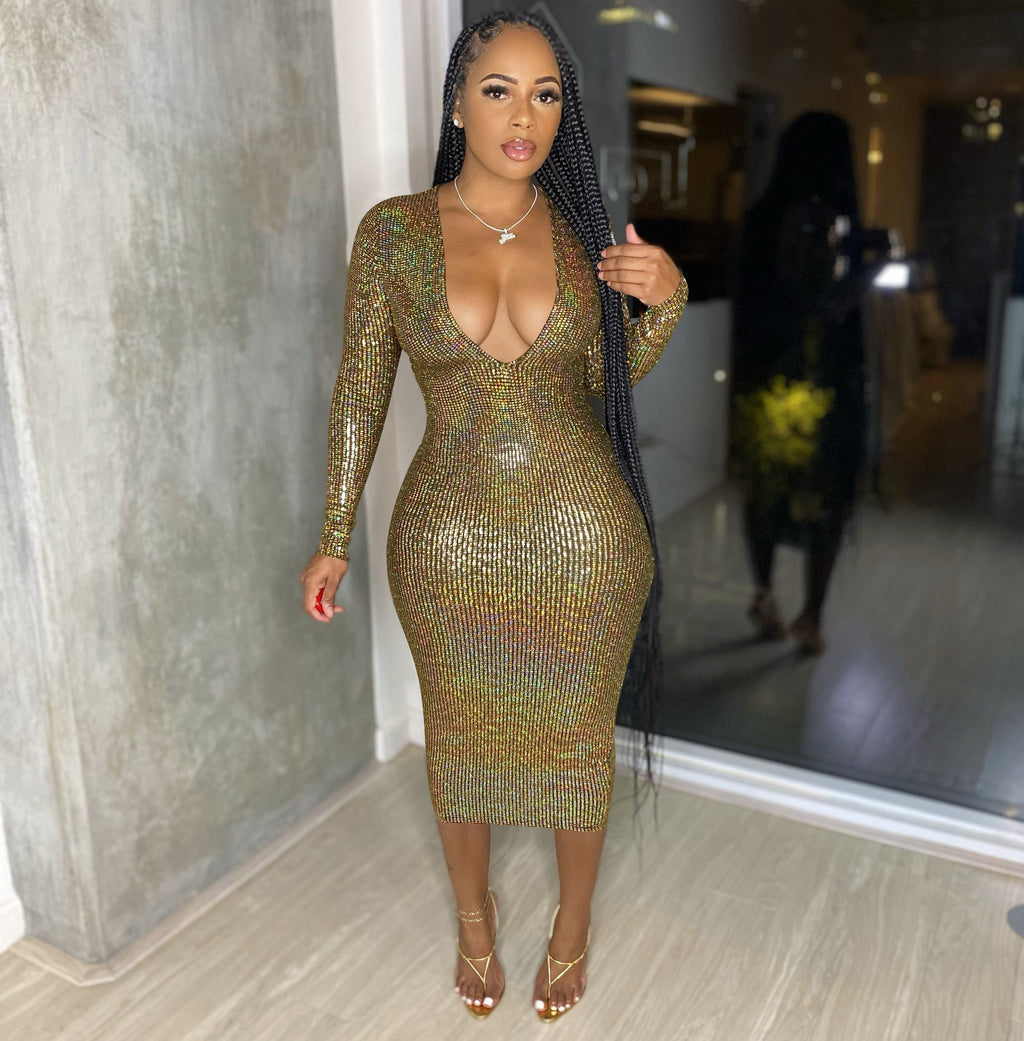 Women's Deep-V Metallic Evening Dress
